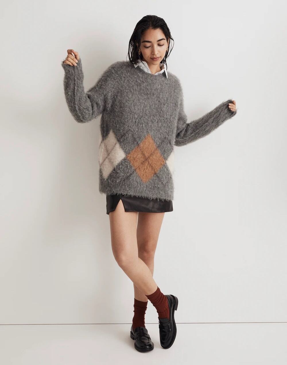 Madewell Marilyn Oversized Argyle Gray Long Sleeve Crewneck Sweater Size XXS